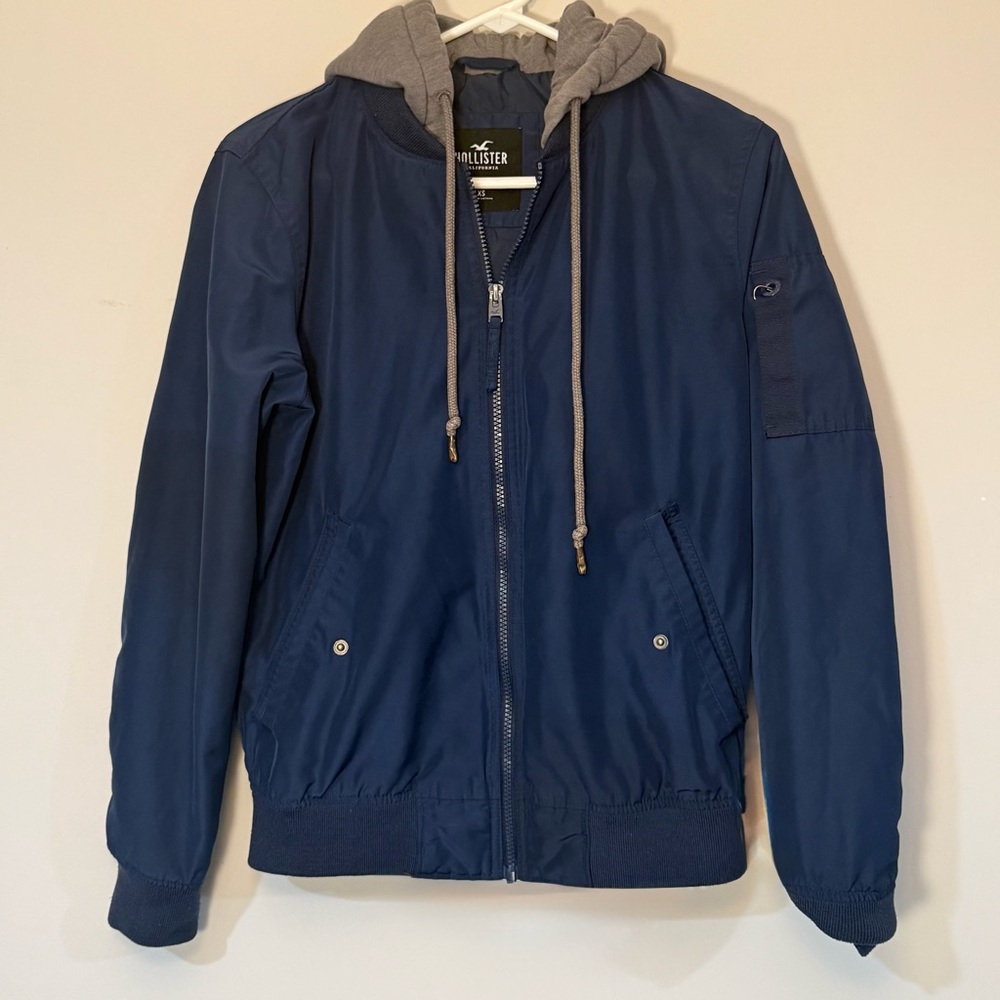 Hollister Men's Navy Bomber Jacket with Gray Hood